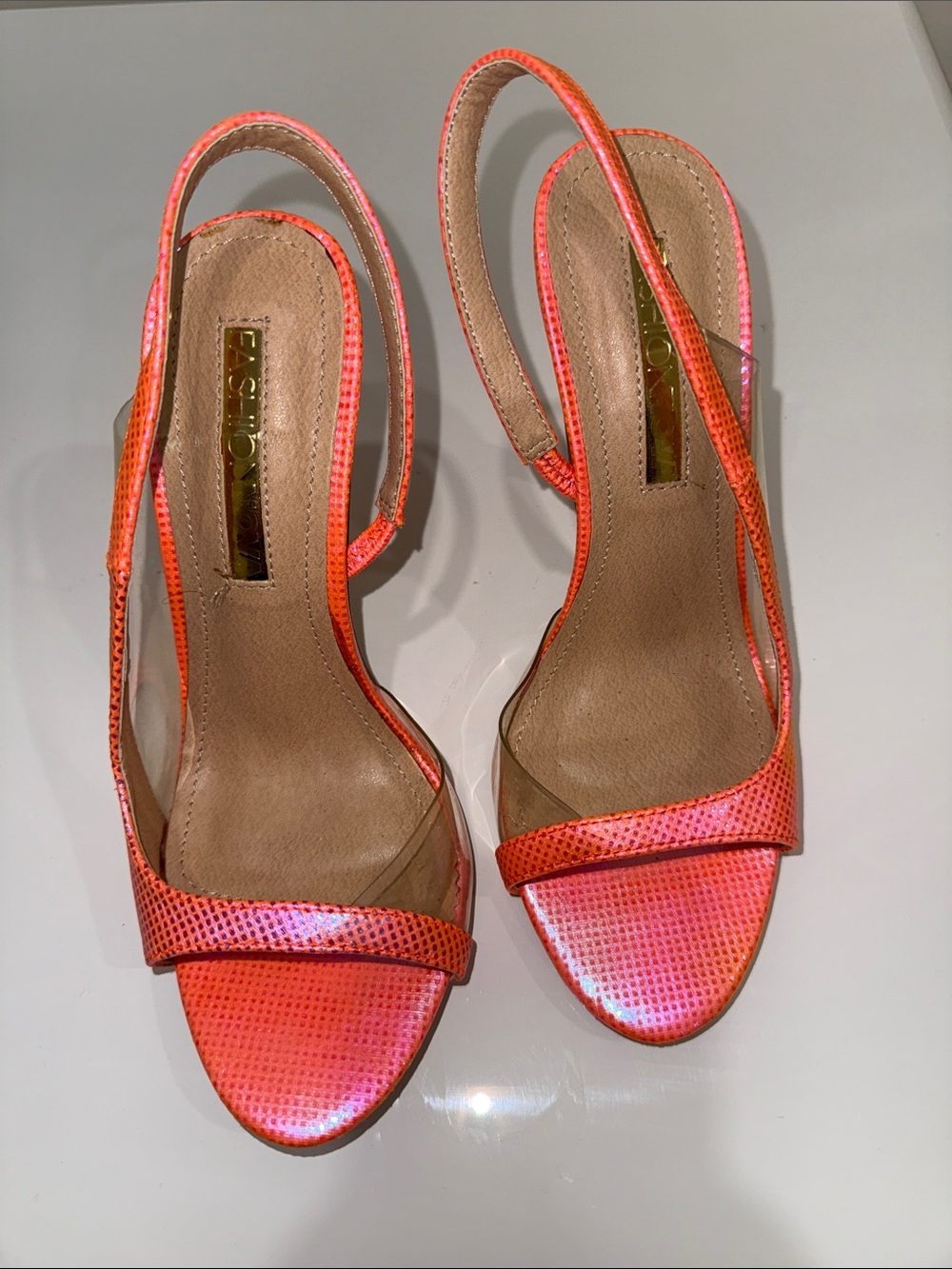 Fashion Nova Iridescent Coral-Orange Slingback Heels